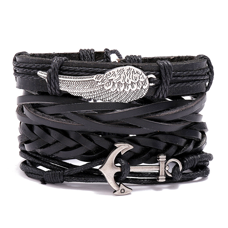 Ethnic Fashion Pk - สายข้อมือหนังปีกถักแฮนด์เมดสุดหรูใหม่สำหรับผู้ชายวินเทจสมอเรือเสน่ห์ชาติพันธุ์กำไลข้อมือชนเผ่าเครื่องประดับ