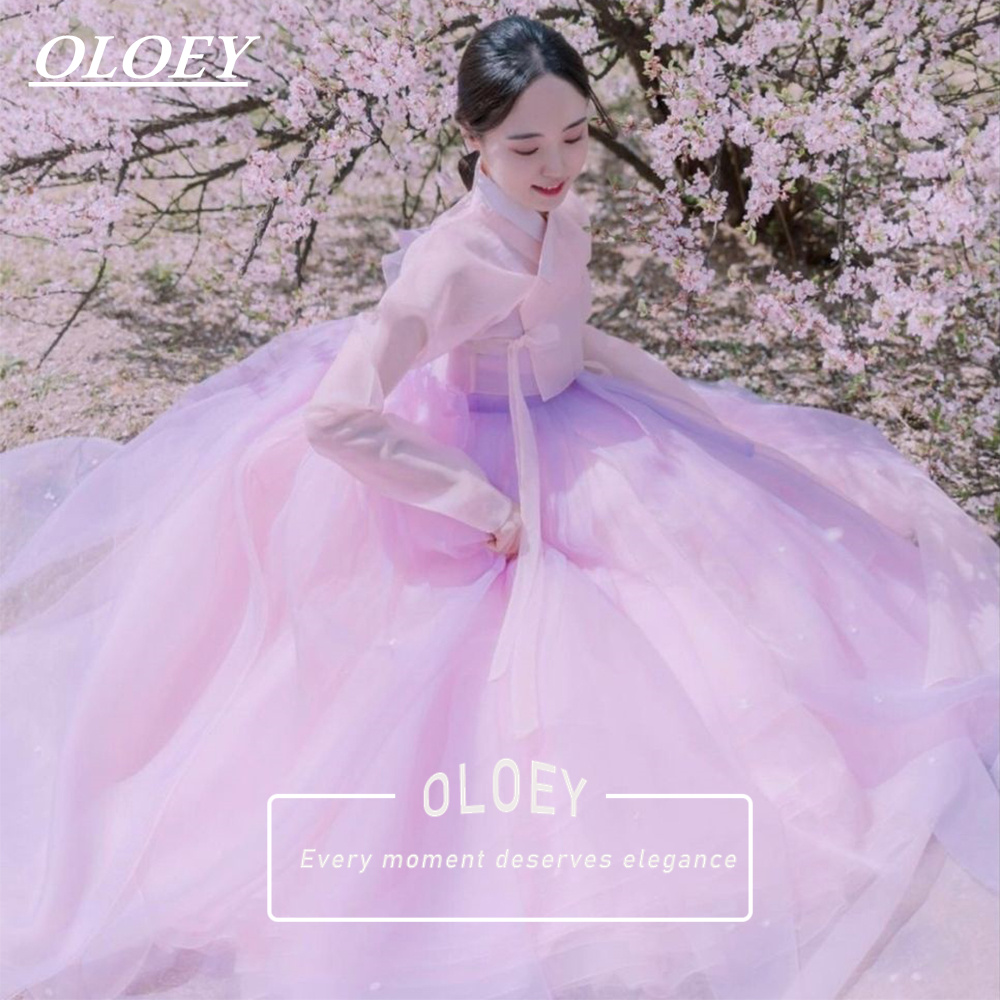 Hanbok Modern Set - ชุดฮันบกวินเทจ OLOEY 2 ชิ้น ชุดแต่งงานเกาหลีสำหรับถ่ายภาพ ชุดเดรสยาวกรุยพื้นผ้าออร์แกนซ่าพร้อมแจ็คเก็ต