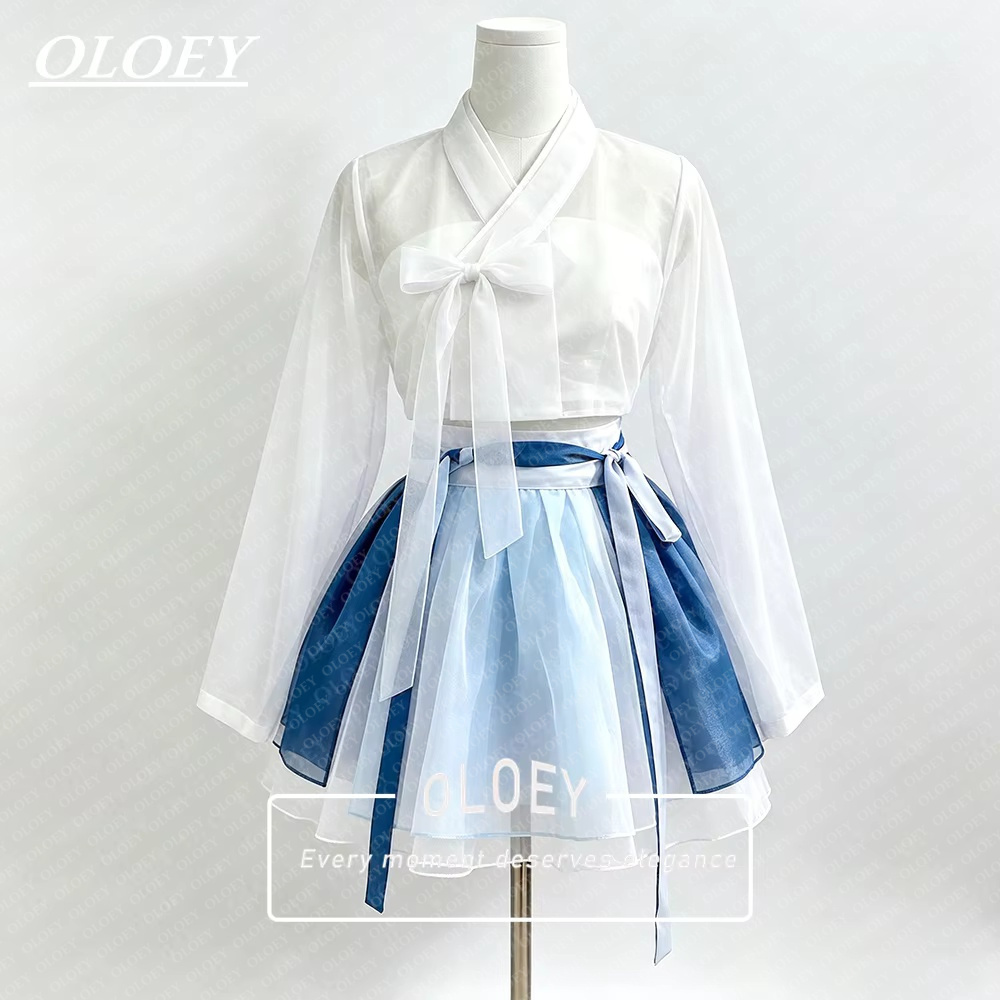 Hanbok Modern Set - ชุดฮันบกสั้นสไตล์โมเดิร์น OLOEY สีตัดกัน สำหรับถ่ายภาพและแสดงบนเวที สไตล์เกาหลี ชุด