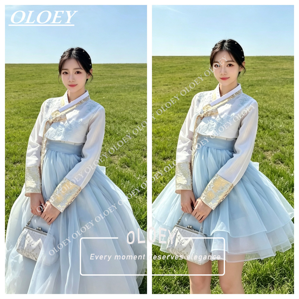 Hanbok Modern Set - ชุดฮันบกเกาหลี OLOEY สีฟ้าอ่อนงดงาม พร้อมผ้าออร์แกนซ่าพองฟู สำหรับถ่ายภาพงานแต่งงาน ชุดราตรียาวสำหรับงานเลี้ยงรับรอง