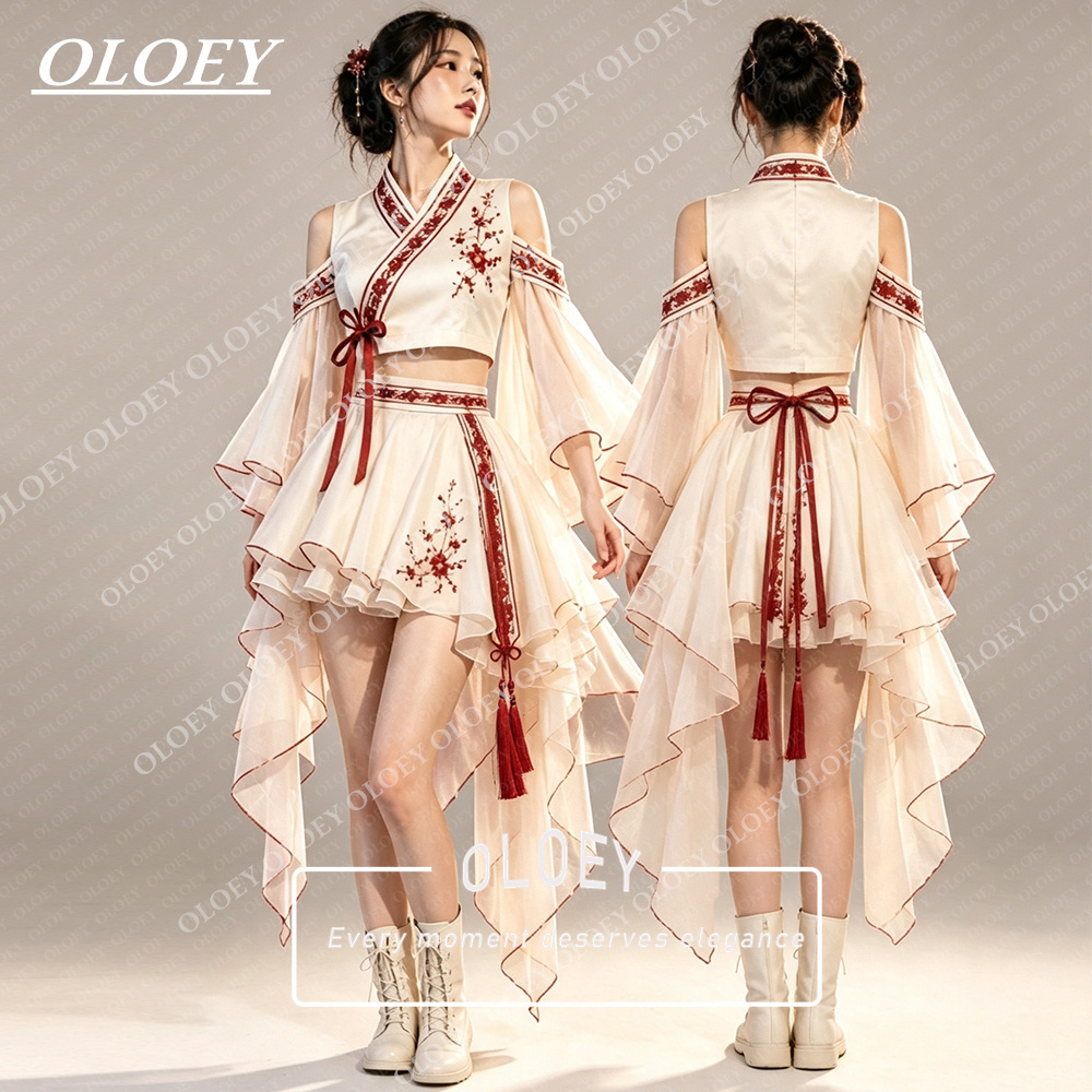 ชุดฮันบกสั้นสีงาช้างปักลายสีแด - Hanbok Modern Set บทวิจารณ์และราคา